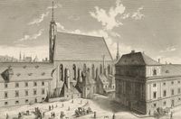 Die Allerheiligen-Kirche im Bürgerspital. Nach einem Kupferstich von Jakob Hyrtl aus dem Jahr 1724; © ÖNB/Wien