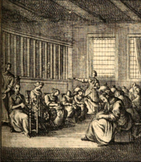 Frauen in einem Spinnhaus (Arbeitshaus für Frauen). Illustration aus „Etwas für Alle“ von Abraham a Santa Clara, Nürnberg 1711; ©ÖNB/Wien